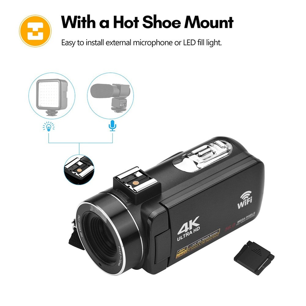 4K Digital Camera Night Vision 3 inch Touch Screen 56MP WiFi DV Camcorder with 2 Batteries + Remote Control