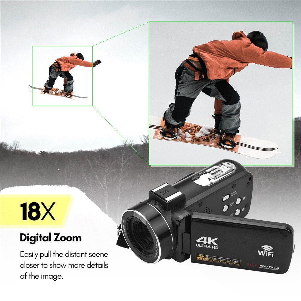 4K Digital Camera Night Vision 3 inch Touch Screen 56MP WiFi DV Camcorder with 2 Batteries + Remote Control